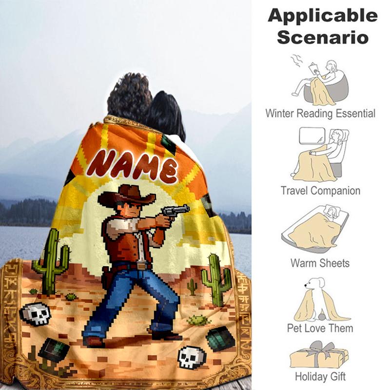 1PC Custom Name Cowboy Adventure Pixel Art outdooor Flannel blankets Throw Blanket All-Season Throw Gift Bedspread for Couch, Bed, Camping Holiday Bir