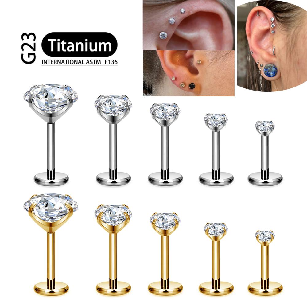 Titanio F136 2/2,5/3/4/5/6Mm Stud Labret con Zirconia Cubica 16G Trago Elica Cartilagine Conchiglia Flatback Lobo Orecchio Piercing Gioielli Corpo