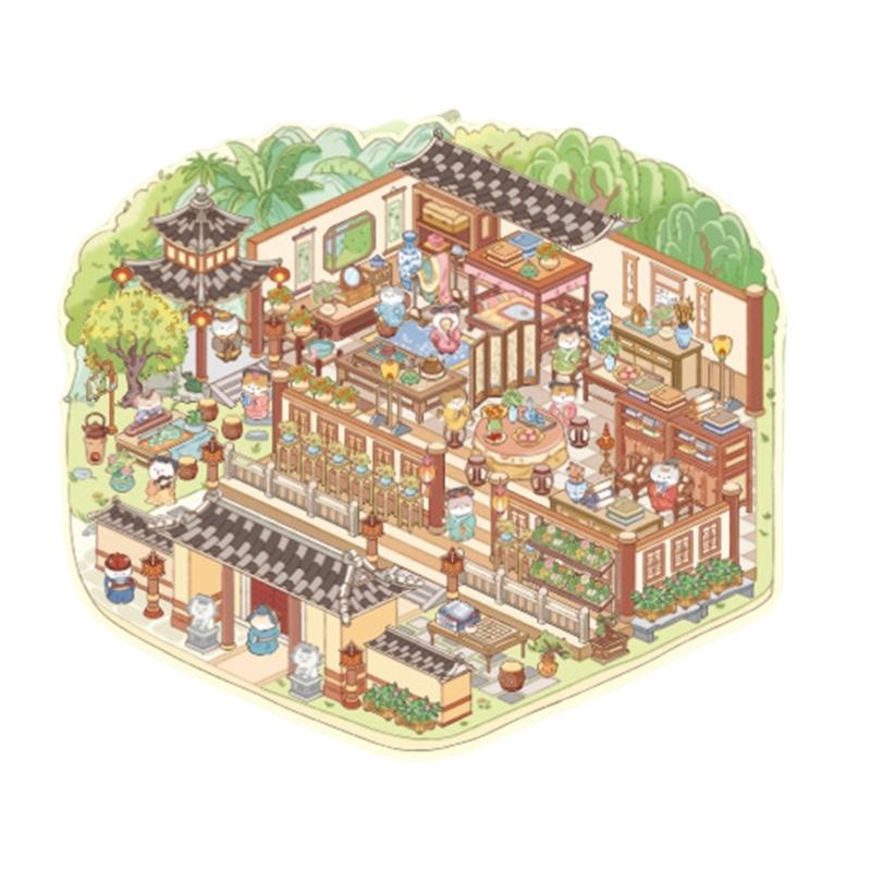 3D Szenenaufkleber Chinesischer Stil Landschaftsaufkleber Katzenhütte Handkontoaufkleber Etiketten Journaling-Zubehör