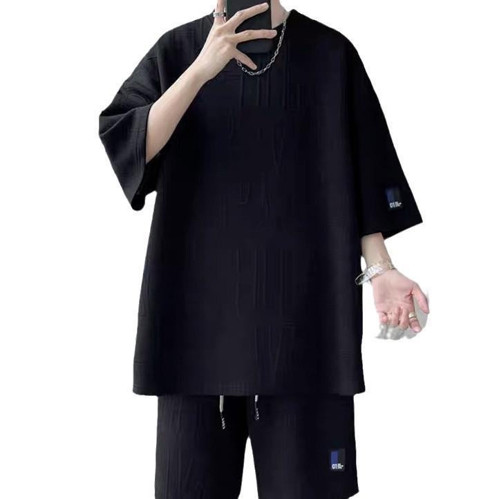 Men's Trendy Summer Jacquard Sport Outfit: Casual Two-Piece Set with Short Sleeves and Shorts