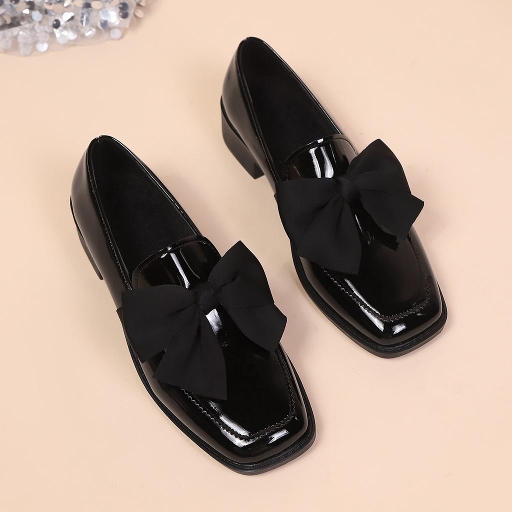 Fashion Bowknot Slip On Loafers for Women Solid Color Patent Leather Shoes Woman Comfort Soft Sole Platform Loafers