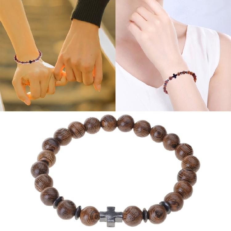 Handmade Natural Wood Bead Cross Bracelet Men Charm Beaded Elastic Bracelets