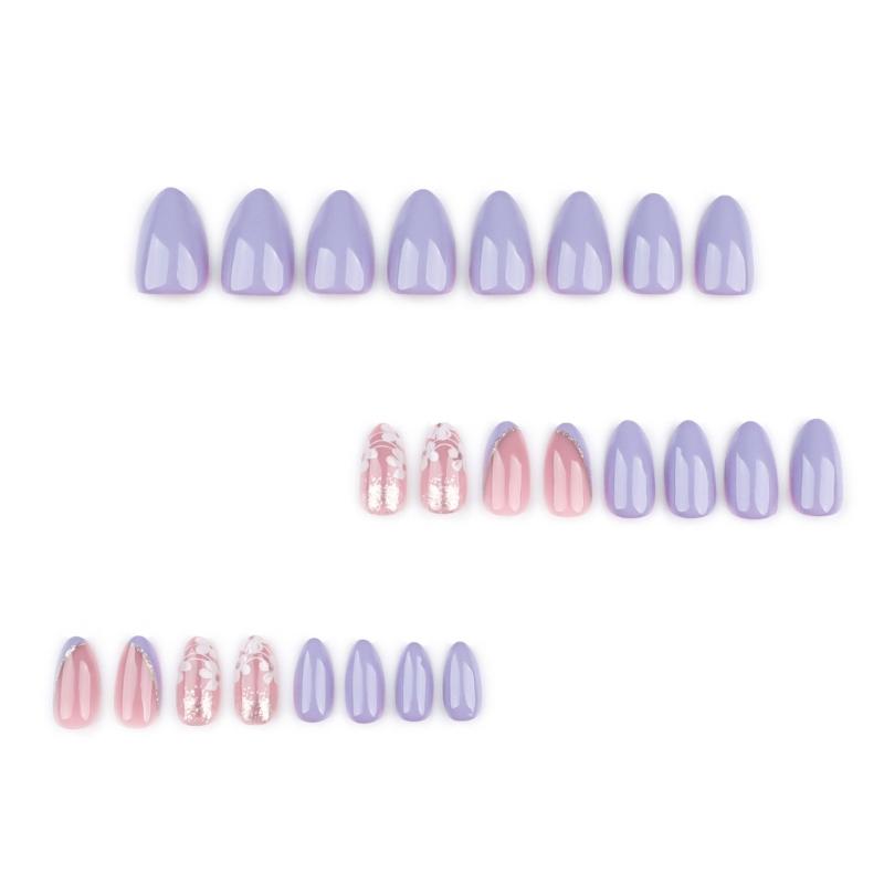 24 Pcs White Flowers Artificial Nail French Tip Press On Nail Almond Shape Stick On Nail Purple False Nail for Party
