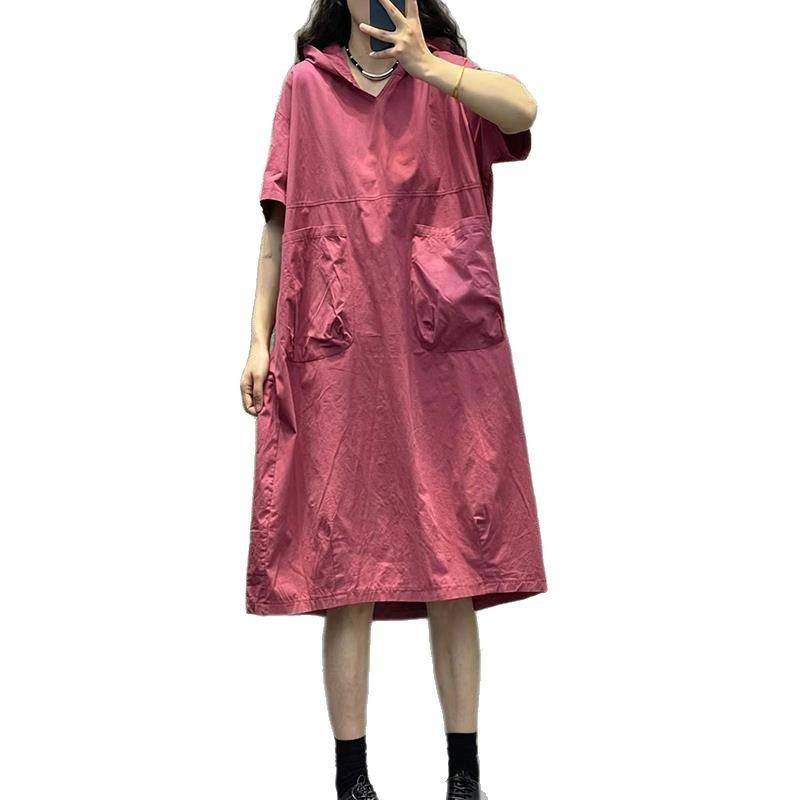 Hooded short-sleeved dress women's 2025 summer new retro loose large size thin casual medium and long dress