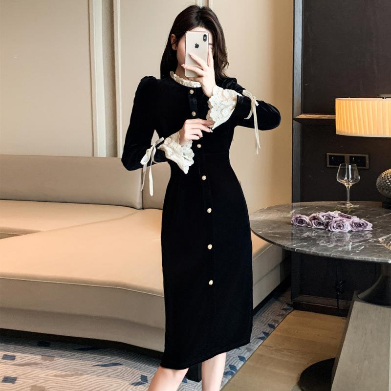 Autumn Winter Elegant Fashion Lace Patchwork Velvet Dress Women Vintage Single Breasted Bodycon Robe Vestidos