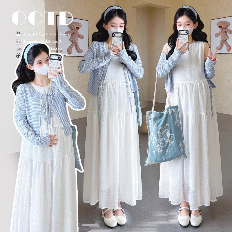 2026 Spring Korean Elegant Maternity Cardigan & Vest Dress Set XX-Large