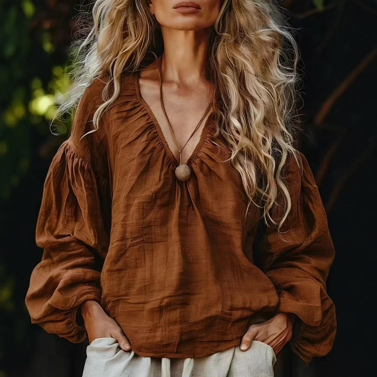 Women s Simi- Linen Basic Loose Long-sleeved Top L коричневый