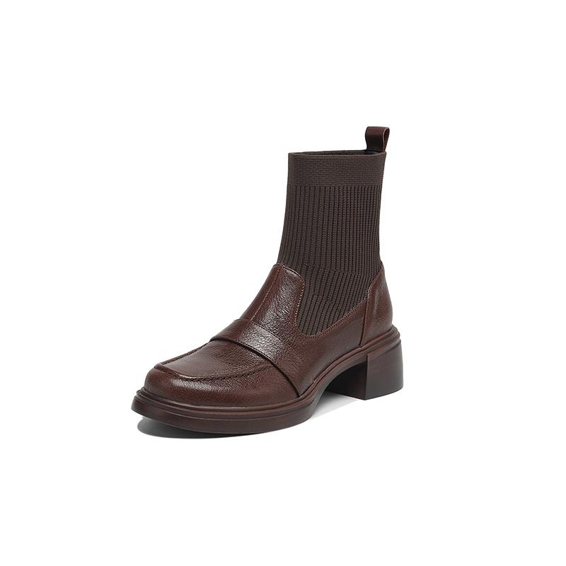 Fashion 2025 New Autumn Women Boots Sheepskin Leather Women Shoes Round Toe Chunky Heel Modern Short Boots Stretch Platform High Heels