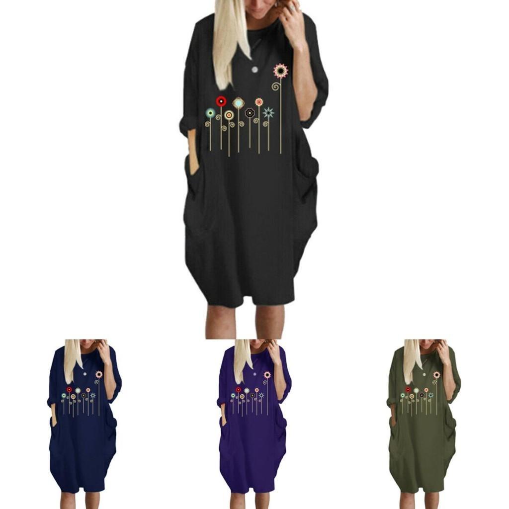 Women Dress Pullover Stylish Loose Fit Short Sleeve Casual Dress With Pocket