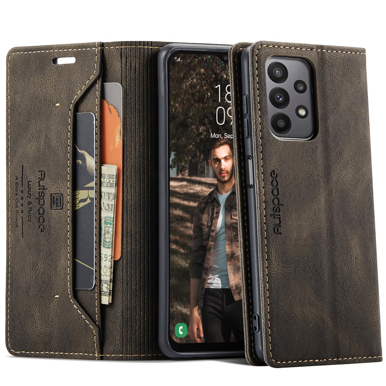 

Для Samsung Galaxy M23 5G/Galaxy A23 5G (Глобальная версия) Кожаный чехол-кошелек AUTSPACE A01 с подставкой и держателем для карт с RFID-блокировкой Coffee