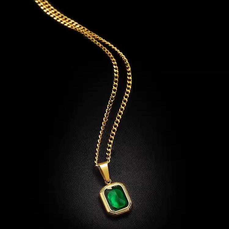 European and American simple emerald pendant necklace women s light luxury titanium steel neck chain sweater chain jewelry