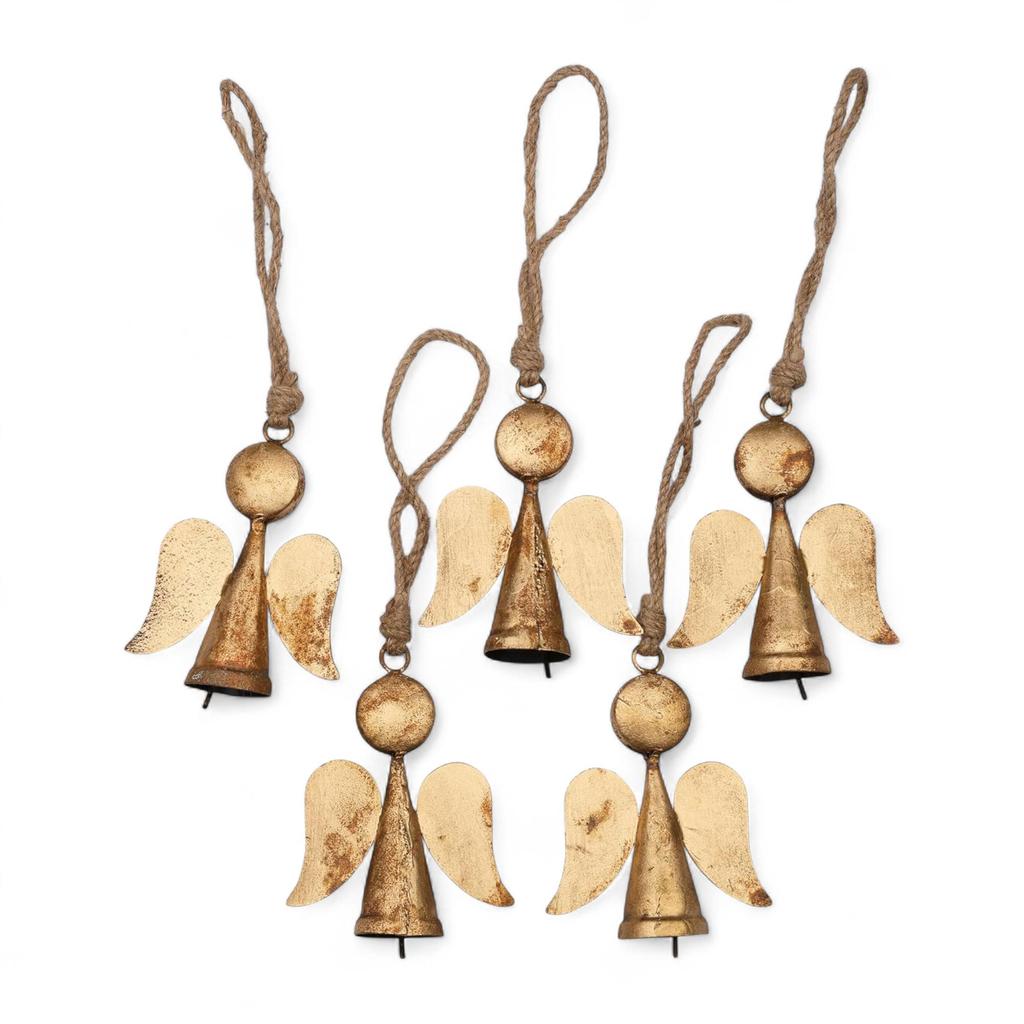 Rustic Gold 5 Pcs Guardian Angel Ornaments with Bells for Christmas Tree Decor, Handmade Memorial Gift