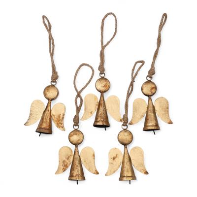 Rustic Gold 5 Pcs Guardian Angel Ornaments with Bells for Christmas Tree Decor, Handmade Memorial Gift