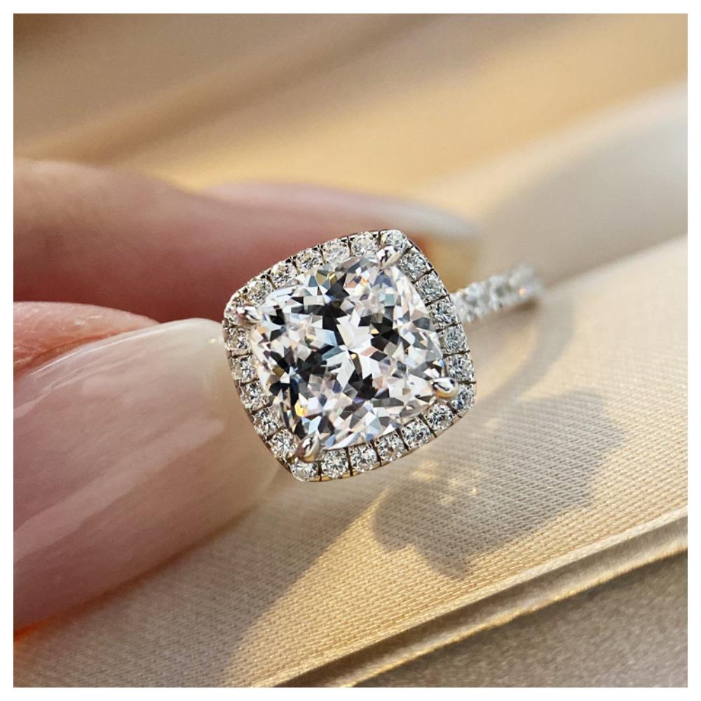 

S925 Silver Plated High Carbon Diamond Ring for Women Luxury Square 2 Carat Cushion Cut Simulated Diamond no. 6 платиновый