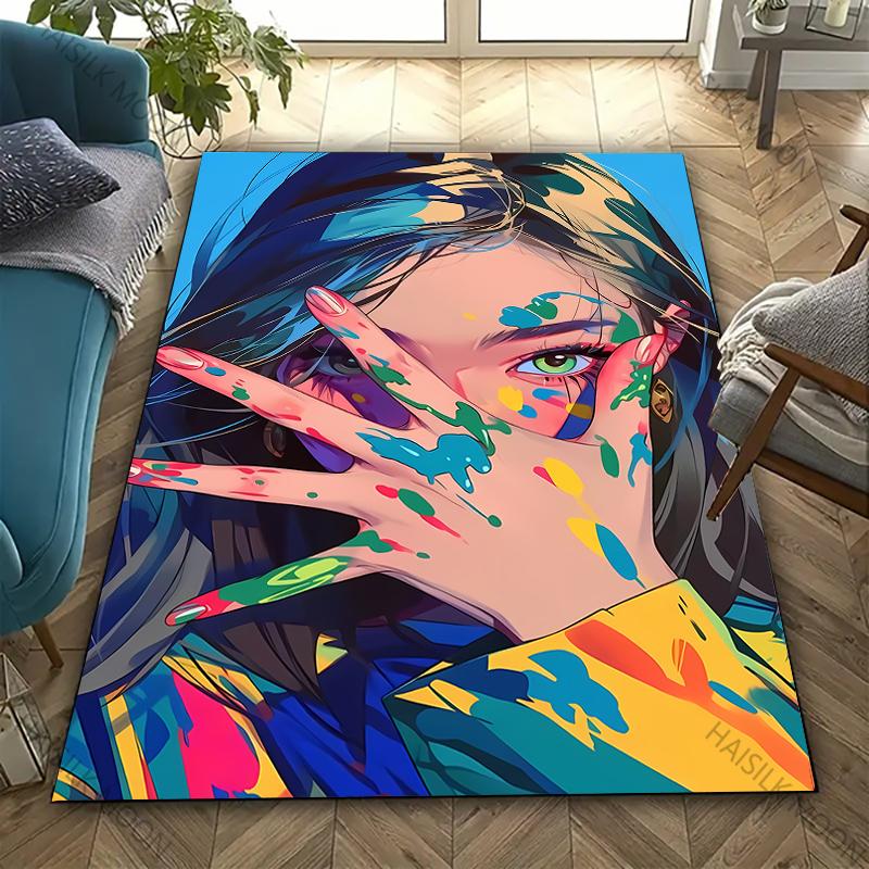 Color Ink Covered Girl Art Carpet Rug for Bedroom Decor Playroom Living Room Sofa Office Area Mat, Modern Fashion Style Carpet
