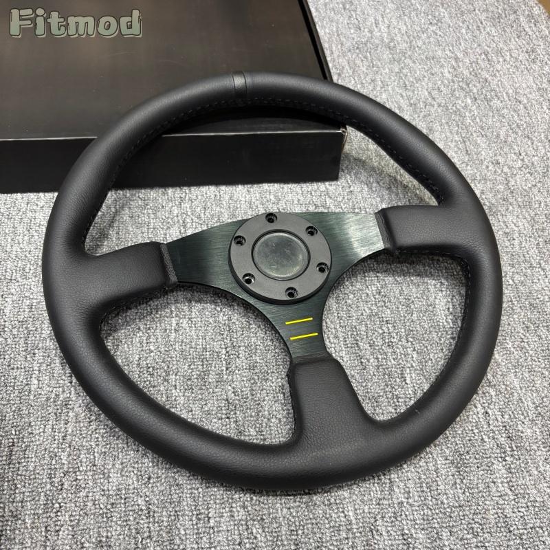 JDM 14-inch 350MM Racing Modified Leather Steering Wheel, Flat Drift Sports Game Steering Wheel PCD70MM