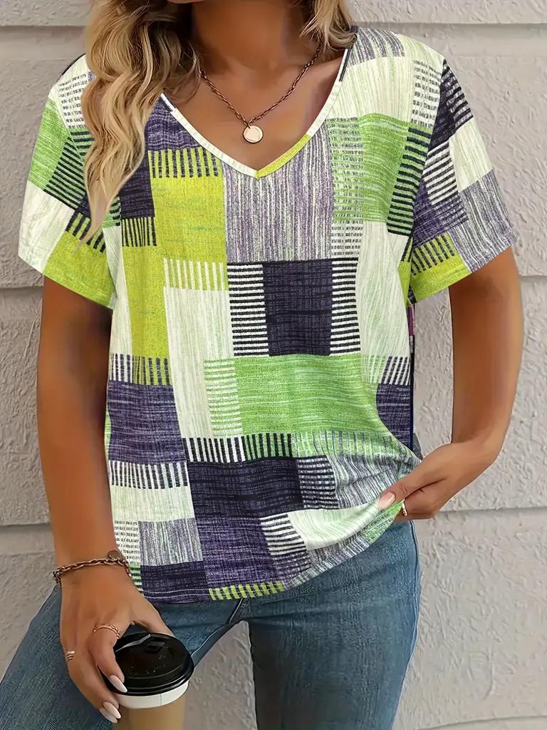Sommer Kariertes Damen V-Ausschnitt T-Shirt Outdoor Lässig Kurzarm Tops Kariert Bedruckt Trendy Peplum Übergröße Damenbekleidung