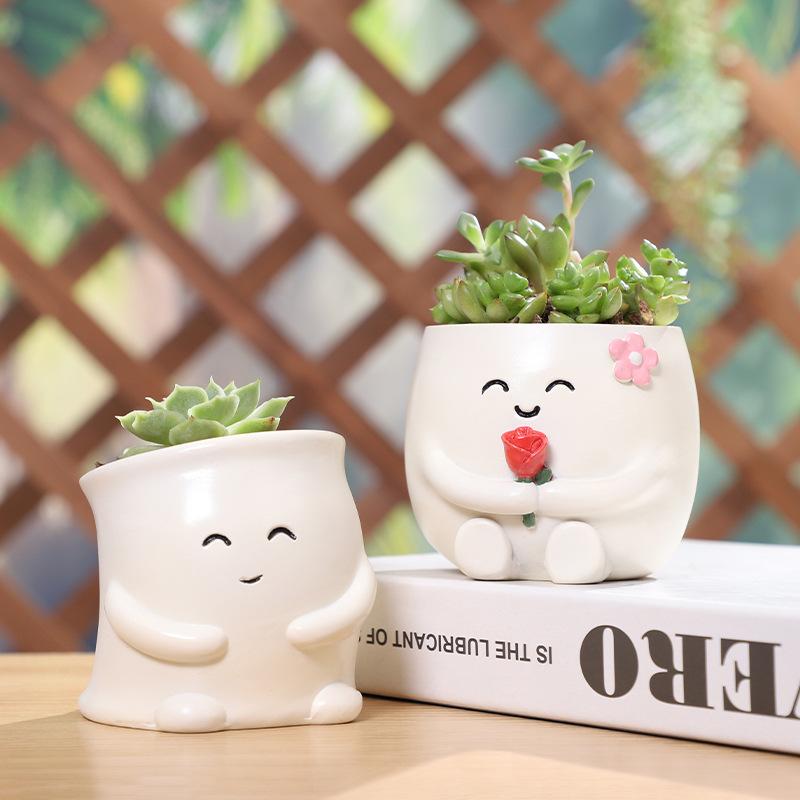 Smiley Face Mini Plant Pot Resin Succulent Planter for Home Office Desk Decorative Ornament Fairy Garden Flowerpot Decoration