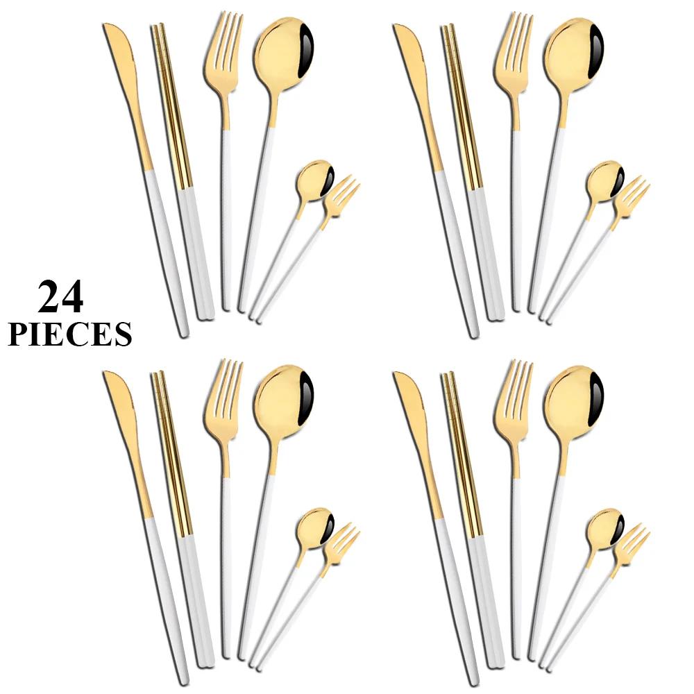 24Pcs Gold Tableware Set Stainless Steel Flatware Dinner Knife Forks Spoon Chopsticks Cutlery Set Kitchen Wedding Dinnerware Set