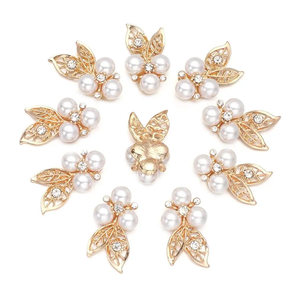 10PCS Pearl Flower Rhinestone Buttons Sparkling Crystal Hairpins Decorative Buttons for Clothes DIY Apparel Sewing Accessories