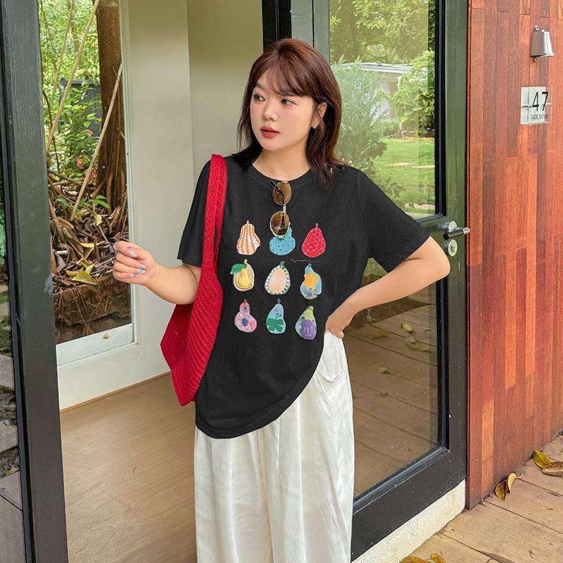 Large size women's creative three-dimensional cartoon fruit printing T-shirt summer loose age-reducing top 262801