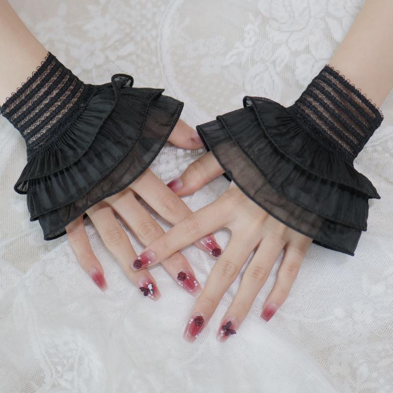 Female Sweater Fake Sleeves Hollow Out Crochet Floral Lace Horn Cuffs Embroidery Flounces Ruffles Elastic Wrist Warmers чёрный
