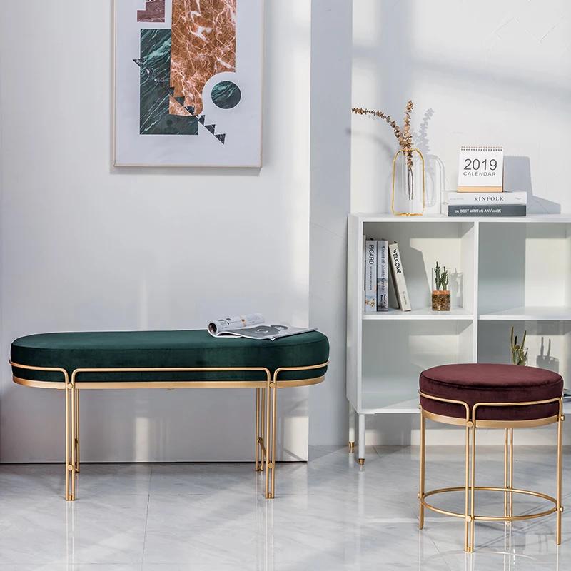 Lady's Room Luxury Soft Velvet Ottoman Stool Pouf Nordic Gold Metal Cloakroom Dressing Living Sofa Door Side Footrest SeatF