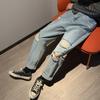 Trendy pánské džíny s velkým otvorem, volné kalhoty rovného střihu se širokými nohavicemi, ležérní zkrácené kalhoty, pánské