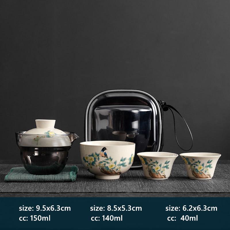 

Hand-painted Travel Tea Set Home Car Outdoor Tea Infuser Portable One Pot Three Cups Ceramic Teaware Bring A Storage Bag Five-piece Set