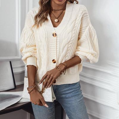 Einfarbiger Strickpullover V-Ausschnitt Zopfmuster Knopf Strickpullover Cardigan für Damen