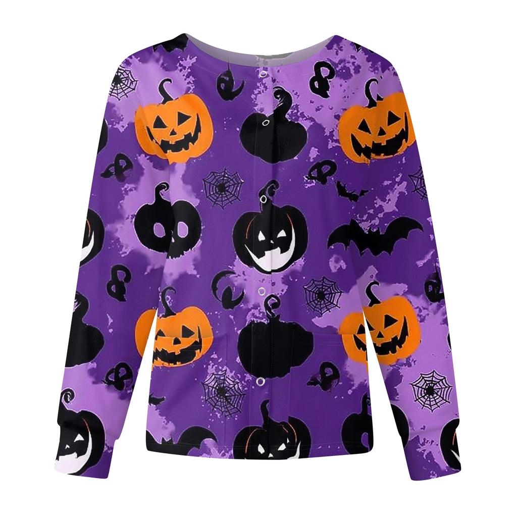 Women's Casual Fashion Long Sleeve Standing Collar Single Breasted Halloween Printed Workwear Jacket Tops