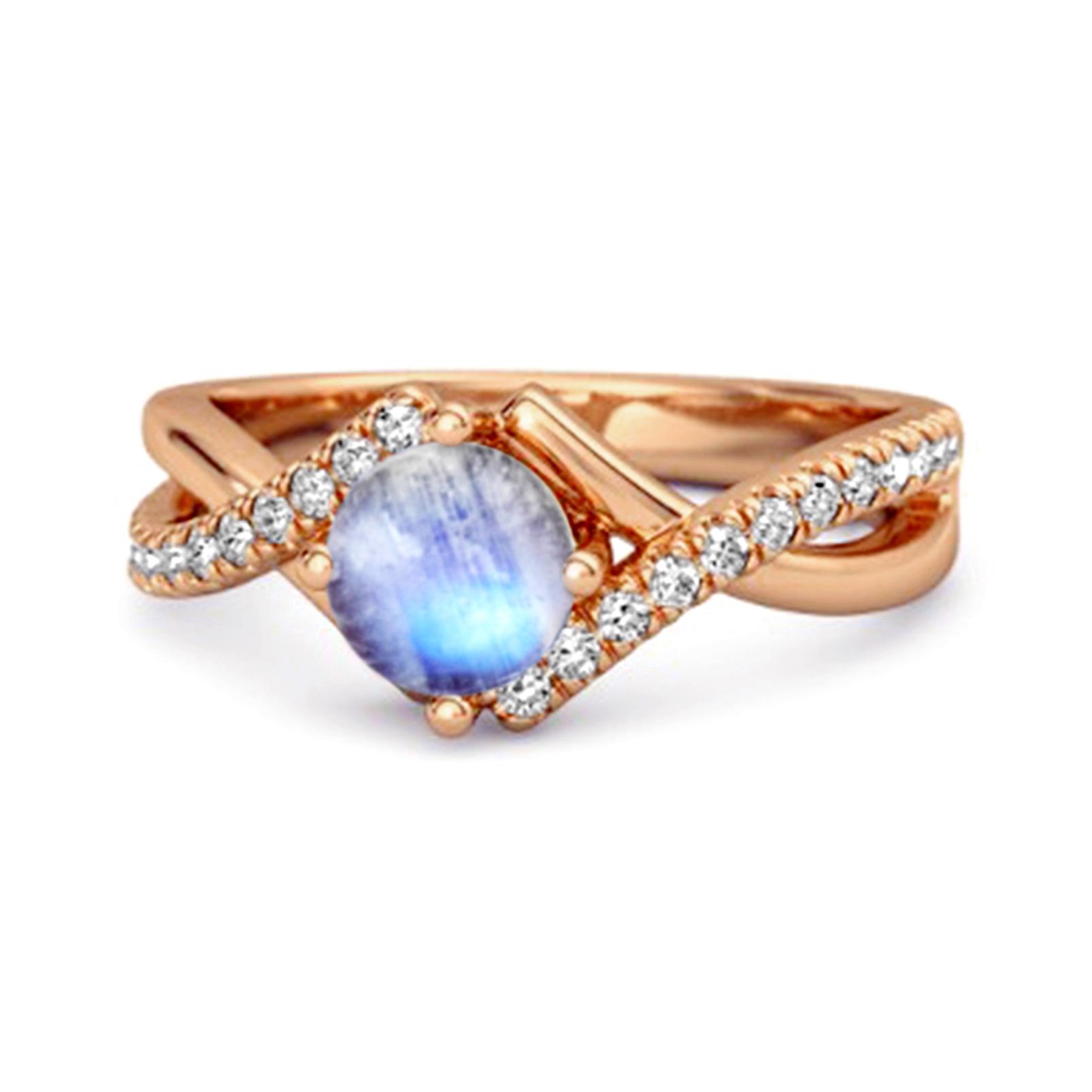 

Moonstone Split Band Crossover Pave Ring - 925 Sterling Silver Rose Gold Vermeil 6