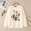 ZANZEA Women Casual Round Neck Long Sleeve Autumn Print Pullover Tops