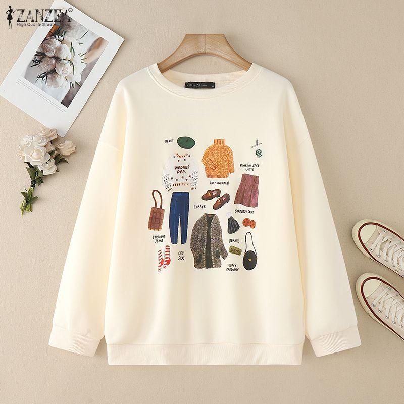 ZANZEA Women Casual Round Neck Long Sleeve Autumn Print Pullover Tops