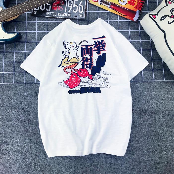 Japanese Tide Brand Fengtian Store Lucky Cat Fishing Carp Printing Pure Cotton Bamboo Cotton Short-sleeved T-shirt Men and Women