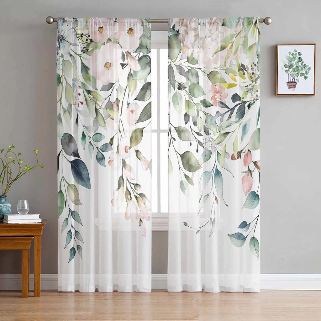 Vintage Pink Hibiscus Flower White Sheer Curtains for Living Room Decoration Window Curtain Kitchen Tulle Voile Organza Drapes