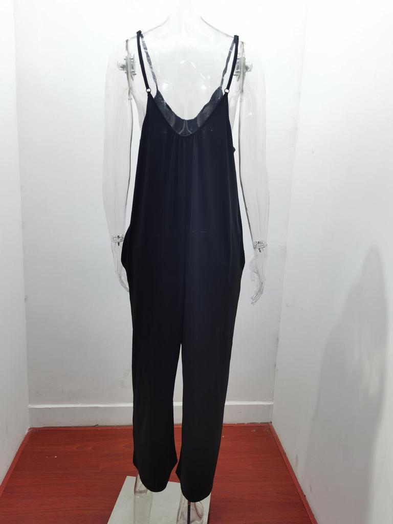 2026 Sommer Damen einfarbiger Jumpsuit mit aufgesetzten Taschen und Trägern - Lockere lässige Passform lange Hosen