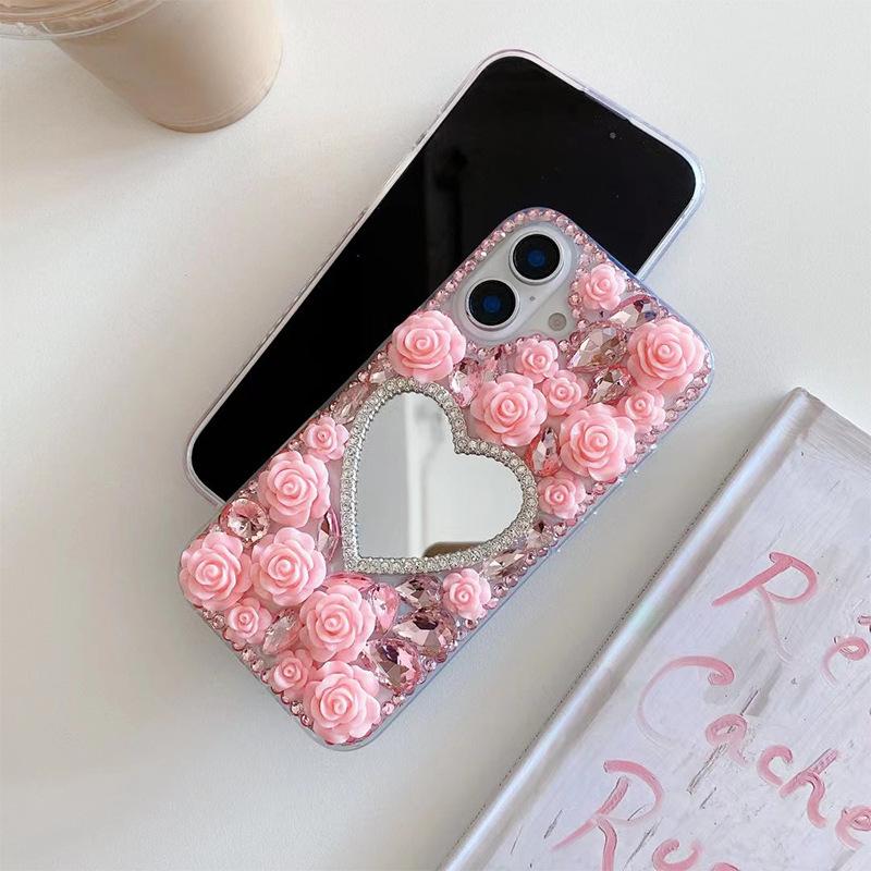 Rhinestone Flower Love Mirror for IPhone17Promax Mobile Phone Case for Apple 16plus Luxury 14 Women's Model