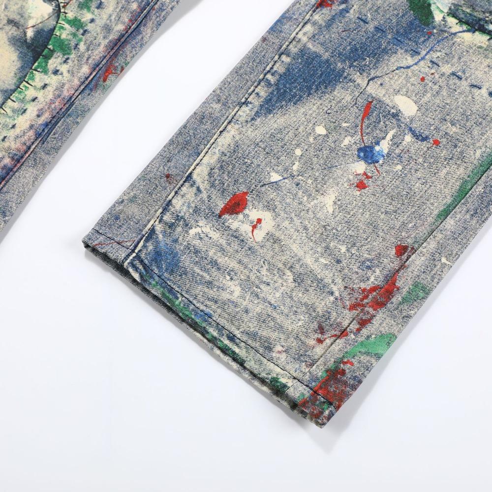 ZYLLO Herr Hög Street Oversized Hip Hop Jeans Byxor 3D-tryckta Vintage Denimbyxor Mode Streetwear Målade Raka Jeans