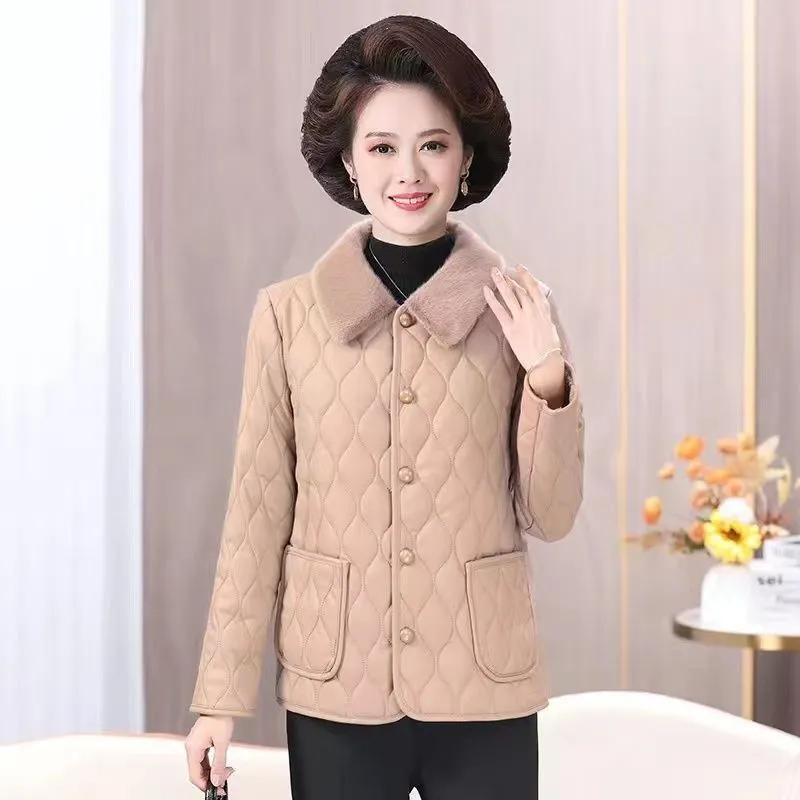 Women Winter Thick Plush Jacket Mom's Fur Collar Coat with Velvet Warm Quilted Coat