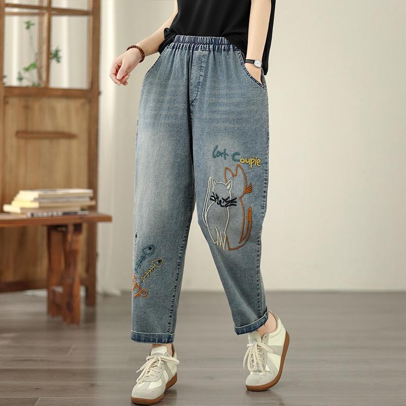 Plus Size Vintage Embroidery High Waist Casual Loose Women Spring Summer Autumn Jeans Denim Harem Pants