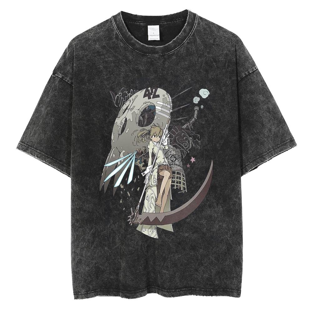 T-shirt Manga Soul Eater Stampa Death the Kid T-shirt Lavata Vintage Streetwear Abbigliamento Uomo Donna Maglietta in Cotone Oversize