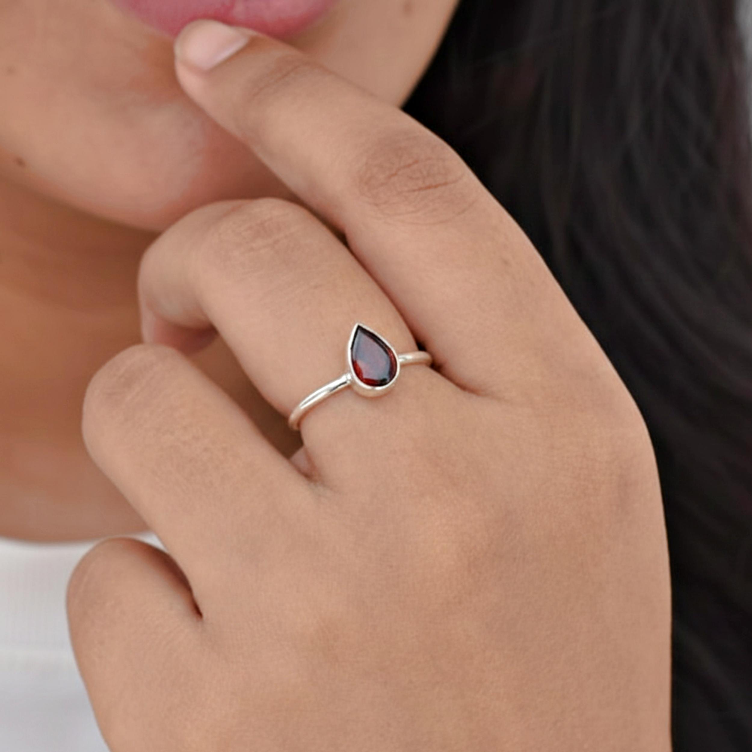 

Red Garnet Pear Shape Stacking Ring, 925 Sterling Silver Jewelry, Minimalist Statement Ring for Women 12 срібний