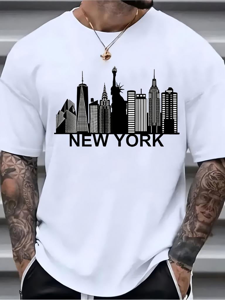 Men's Summer 100 Cotton Fashionable Casual Loose Large New York City Landscape Printed Round Neck Short Sleeve T-shirt Top