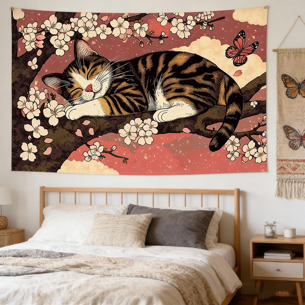 Ukiyoe Style Cat Wall Tapestry Cherry Blossom Butterfly Design 2D Artwork Ideal Decor for Living Room Bedroom Outdoor Use