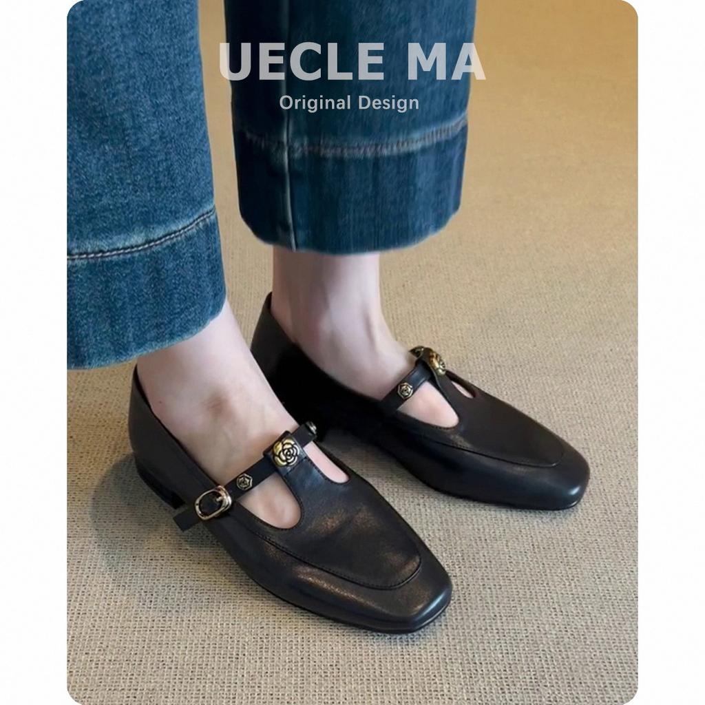 Super soft lambskin~ Retro Mary Jane shoes women's leather square head t-shaped loafers black French flat shoes