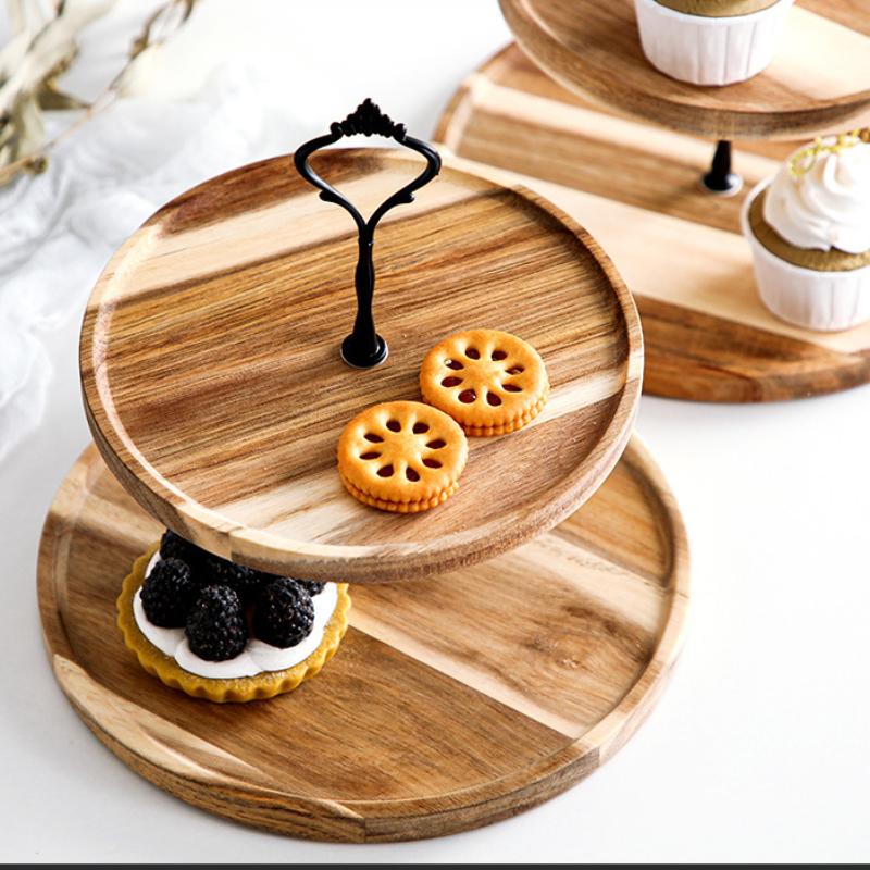 Simple Double-layer Dried Fruit Tray Living Room Fruit Storage Tray Three-layer Candy Dim Sum Tray Multi-layer Wood Tray