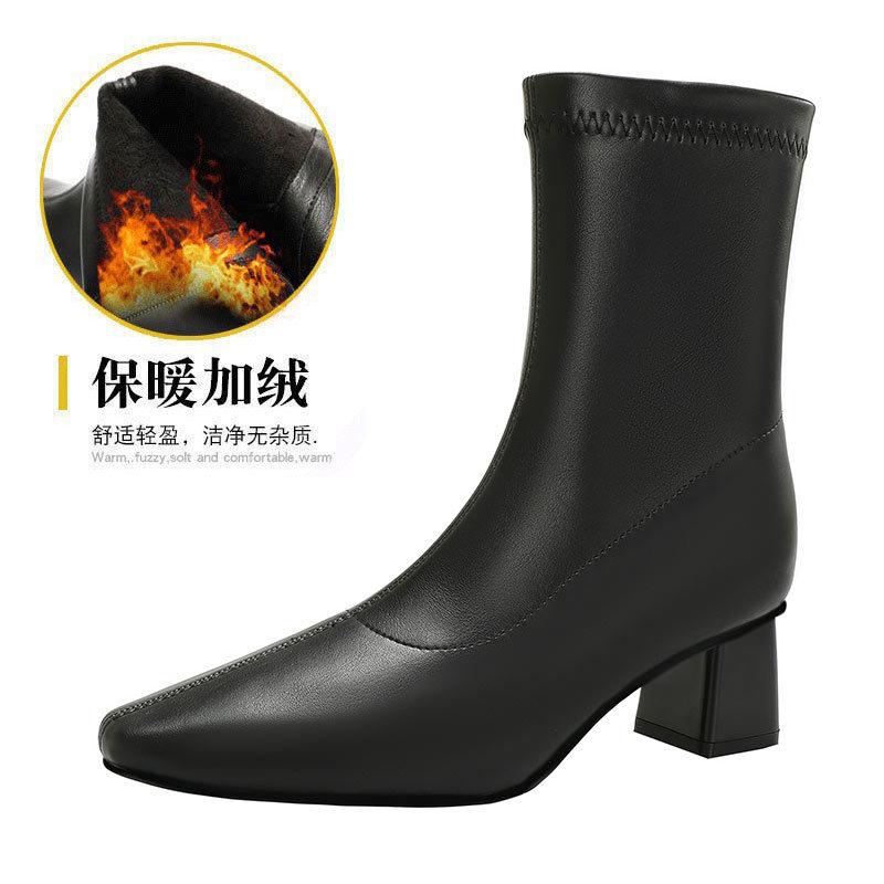 High-heeled short boots women's spring and autumn single boots 2025 new small square head thick heel thin boots brown French medium boots