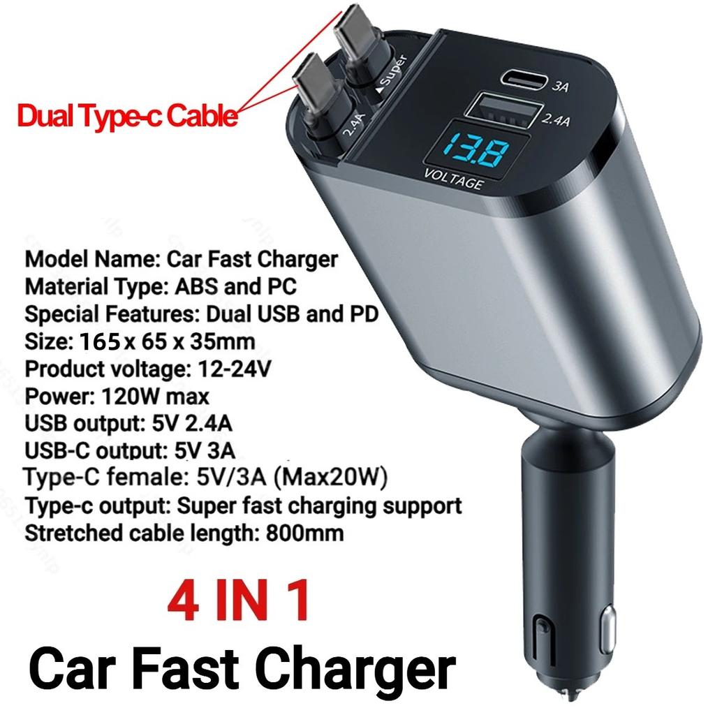 4 In 1 PD Charger USB C Fast Charging With Digital Display Car Charger For iPhone 15 Samsung Xiaomi Huawei Quick Charge Adapter