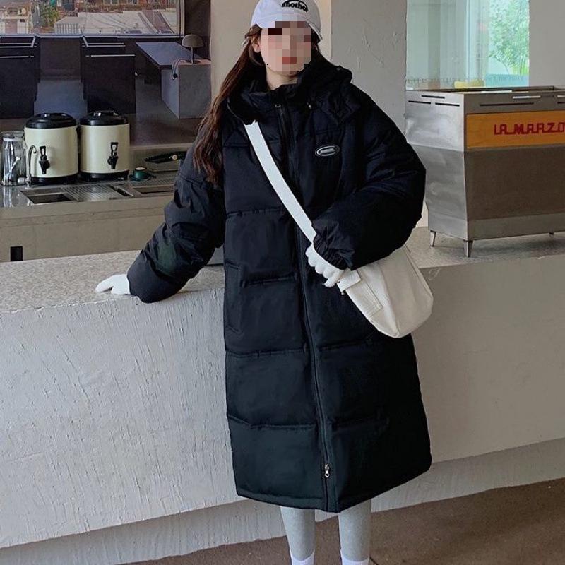 

Женское длинное зимнее пальто выше колена 2022: Свободная толстая куртка в корейском стиле с хлопковой подкладкой L 120-135 lbs чёрный
